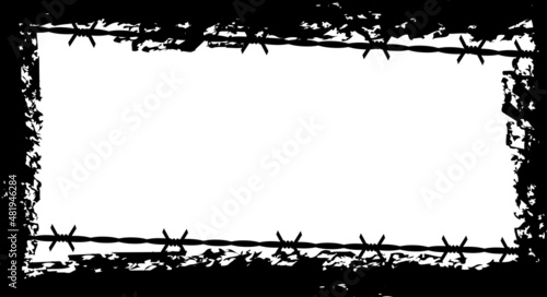 Grunge black frame. Barbed wire silhouette border. deprivation of liberty, totalitarian regime, hopelessness. Flat vector illustration isolated on white background.