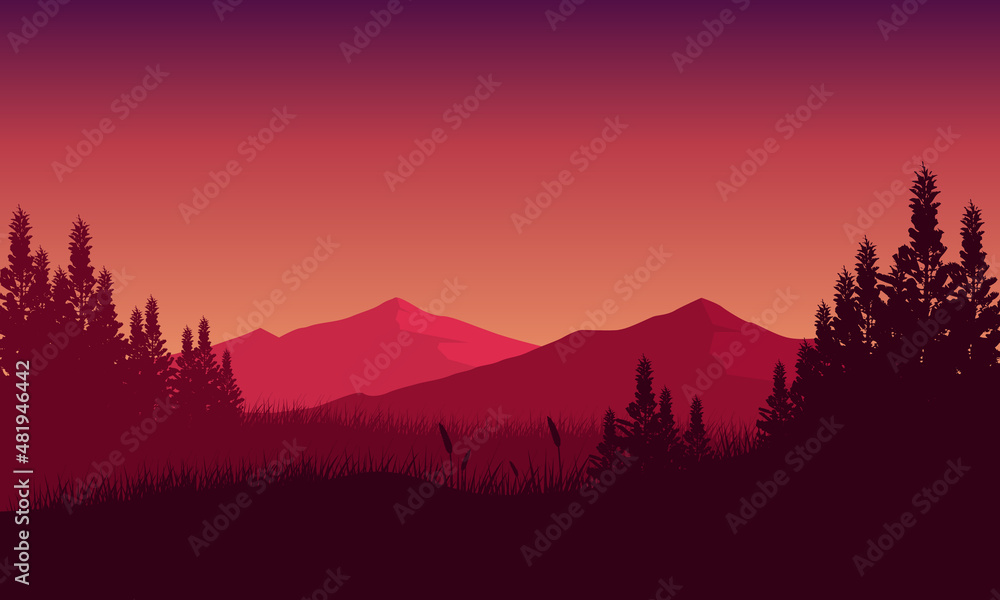 Realistic mountain view from a high cliff in suburb at sunrise