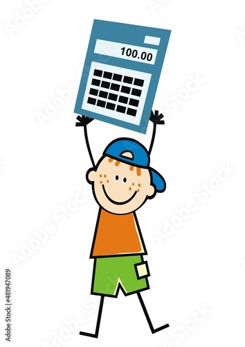 Boy with calculator, conceptual vector illustration, educational aids