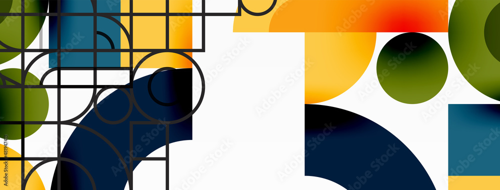 Circle and square geometric background. Round shapes with squares and triangles composition for wallpaper, banner, background or landing Circle and square geometric background. Round shapes with squares and triangles composition for wallpaper, banner, background or landing