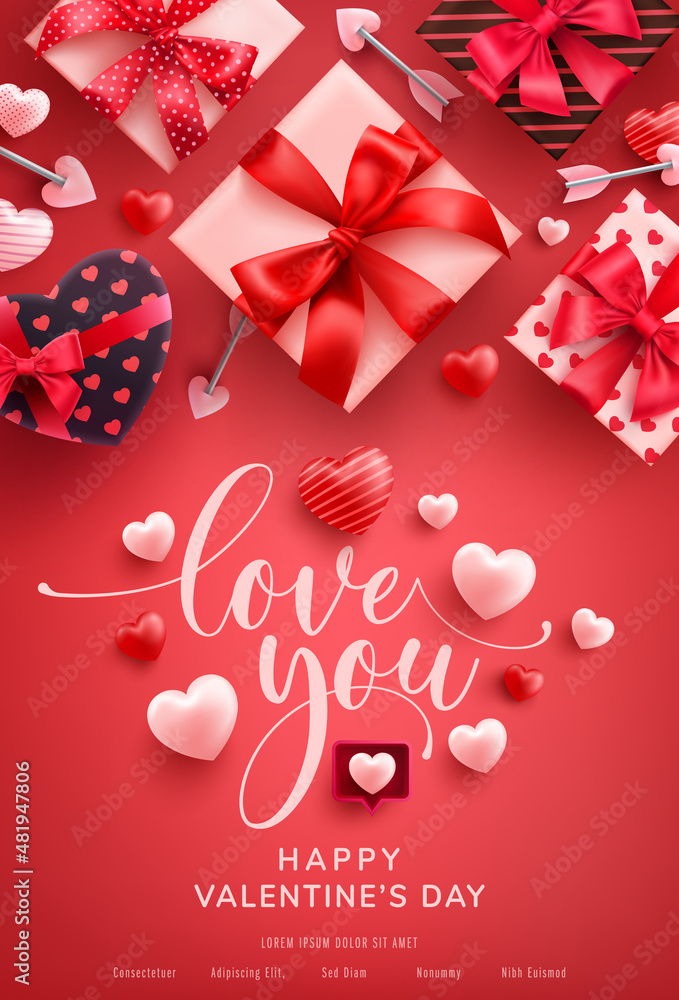 Valentine's Day Poster with cute heart and gift box on red background.Promotion and shopping template for Love and Valentine's day concept. - obrazy, fototapety, plakaty 