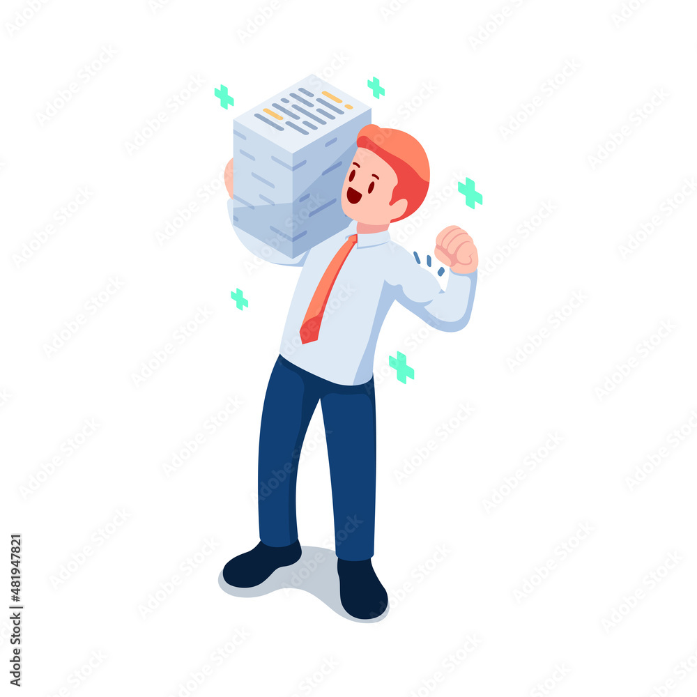 Fototapeta premium Isometric Happy Healthy Businessman Carrying Stack of Document