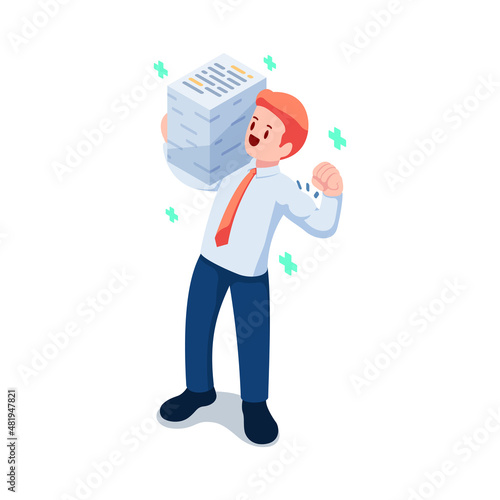 Isometric Happy Healthy Businessman Carrying Stack of Document