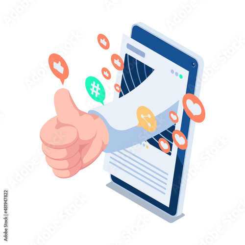 Isometric Thumbs Up Hand Gesture Out From Smartphone