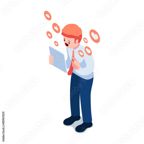 Isometric Businessman Playing Social Media on Tablet PC