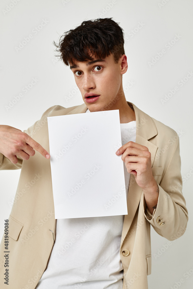 Photo young boyfriend posing jacket emotions copy-space light background unaltered