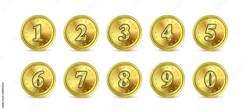 Set of realistic gold coins digits and Icon sign golden numbers. 3D Vector illustration isolated on white background. Set of realistic gold coins digits and Icon sign golden numbers. 3D Vector illustration isolated on white background.