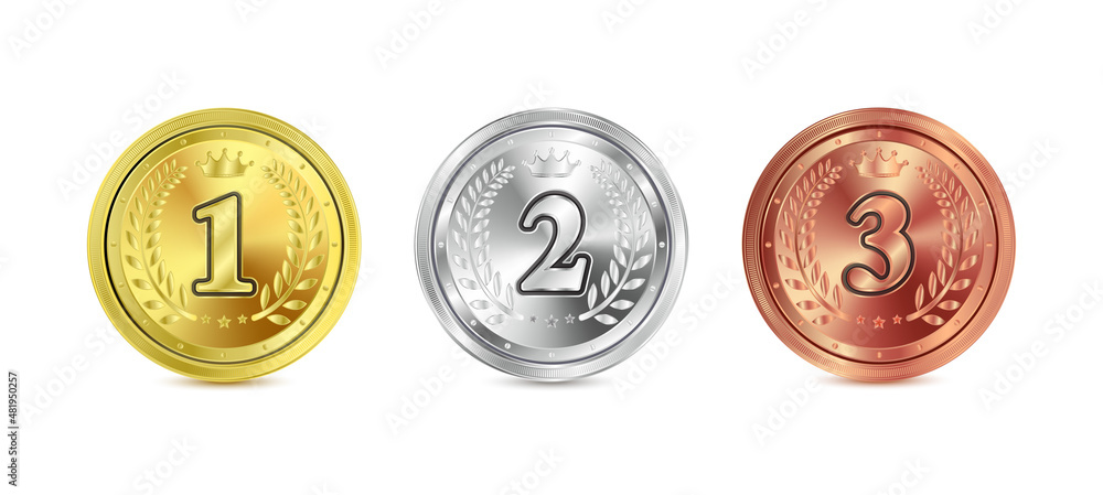 Gold, silver and bronze medals set. Metal realistic badge. Champion and winner awards medal or trophy of the summer games. On white isolated background. 3D Vector EPS 10. Gold, silver and bronze medals set. Metal realistic badge. Champion and winner awards medal or trophy of the summer games. On white isolated background. 3D Vector EPS 10.