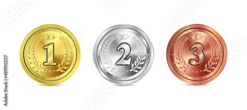 Gold, silver and bronze medals set. Metal realistic badge. Champion and winner awards medal or trophy of the summer games. On white isolated background. 3D Vector EPS 10.