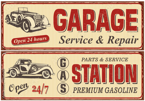 Vintage car metal sign collection.Garage,Gas Station retro poster.