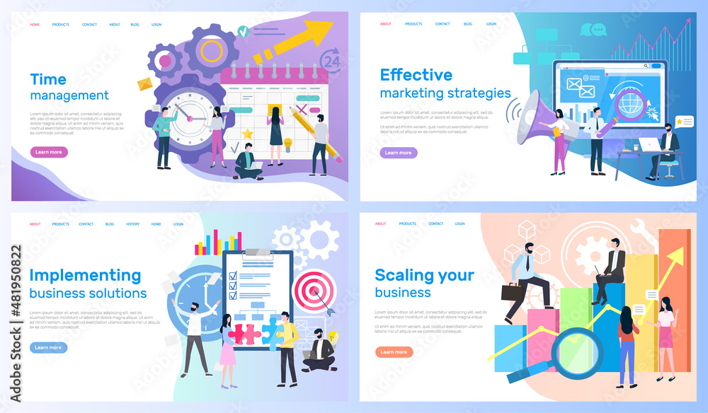 Time management, marketing strategies vector, implementing business solutions and scaling. Calendar and computer, organizer and statistics graphics. Webpage template, landing page in flat style
