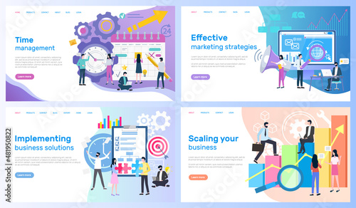 Time management, marketing strategies vector, implementing business solutions and scaling. Calendar and computer, organizer and statistics graphics. Webpage template, landing page in flat style