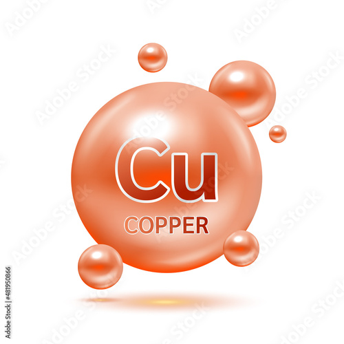 Minerals Copper Cu and Vitamin for health. Medical and dietary supplement health care concept. 3D Vector EPS10 illustration. Isolated on a white background.