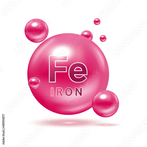 Minerals Iron Fe and Vitamin for health. Medical and dietary supplement health care concept. 3D Vector EPS10 illustration. Isolated on a white background.