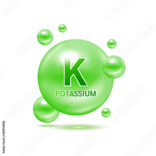 Minerals potassium and Vitamin for health. Medical and dietary supplement health care concept. 3D Vector EPS10 illustration. Isolated on a white background. photo