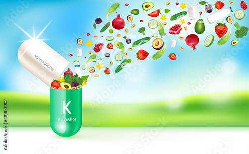 Capsule vitamin K green. fruits and vegetables fiber vitamin that neutralize free radicals. Anti aging beauty medical concept and health care. Bright sky orchard background 3D vector EPS10.