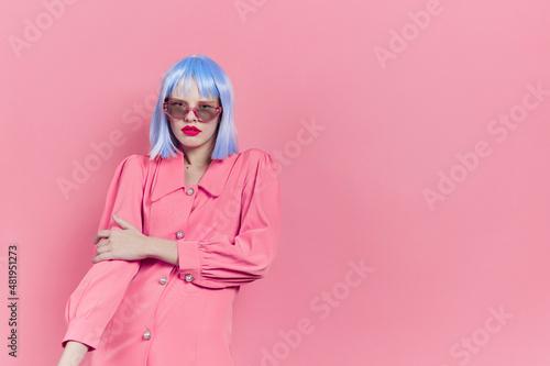 pretty woman in sunglasses wears a blue wig makeup Lifestyle posing © SHOTPRIME STUDIO