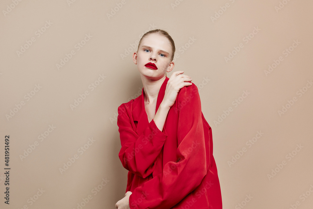 pretty woman red lips fashion jacket studio model unaltered pretty woman red lips fashion jacket studio model unaltered