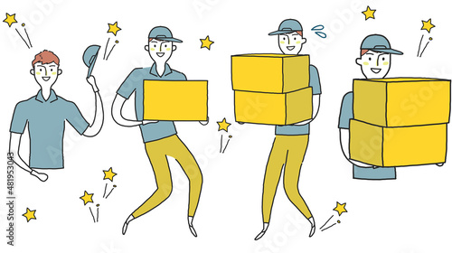 元気に荷物を運ぶ宅配便または引っ越し業者の若い男性　セット　イラスト素材
