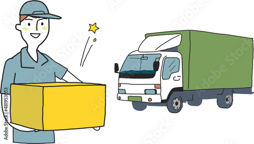 宅配便または引っ越しまたは運送業者の男性とトラック　セット　イラスト素材
