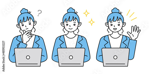 パソコンの前で仕事をする女性のイラスト　ビジネスシーン　ベクター素材