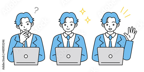 パソコンの前で仕事をする男性のイラスト　ビジネスシーン　ベクター素材
