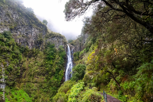 Madeira island beautiful waterfall and mountain landscape, national park Ribeiro Frio, Portugal 