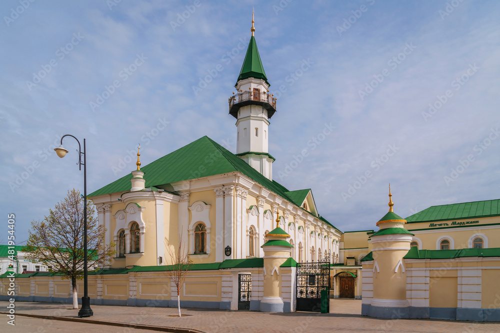 View of the Marjani Mosque in the Old Tatar settlement (Staro-Tatarskaya Sloboda) on a sunny spring day, Kazan, Republic of Tatarstan, Russia. The inscription 
