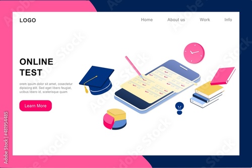3D isometric landing page template of online examination on smartphone. Online test, opinion checklist, online education, questionnaire form, survey metaphor, answering internet quiz, homework testing