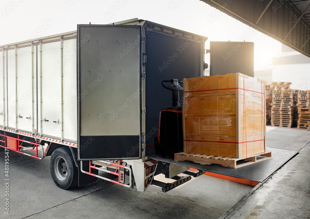 Cargo Truck Container Loading Packaging Boxes at Dock Warehouse. Slider Lift for Loading Truck. Shipment. Supply Chain Delivery. Warehouse Shipping. Lorry. Industry Freight Truck Transport Logistics.