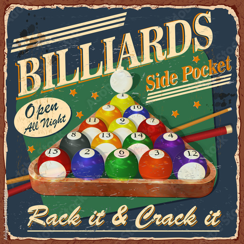 Vintage Billiards metal sign.Retro poster 1950s style.