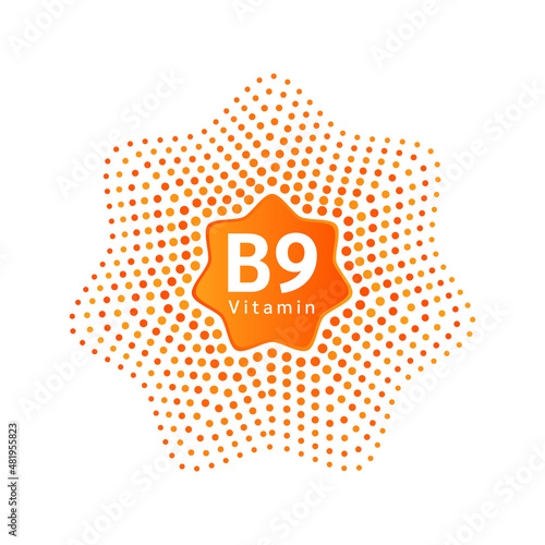 Vitamins B9 and minerals icon orange for human health in a star scheme. Chemical formula isolated on white background. Vector EPS10 illustration. 