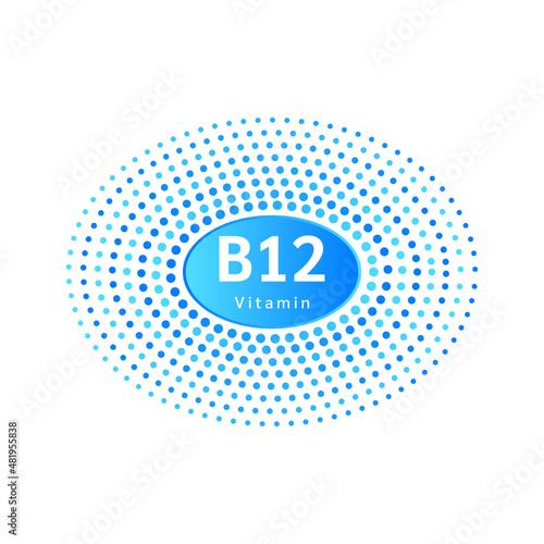 Vitamins B12 and minerals icon blue for human health in a oval scheme. Chemical formula isolated on white background. Vector EPS10 illustration. 