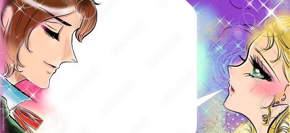 70年代少女漫画かっこいい王子様を見つめる金髪緑の瞳のお姫様と吹き出しのイラスト Stock イラスト Adobe Stock