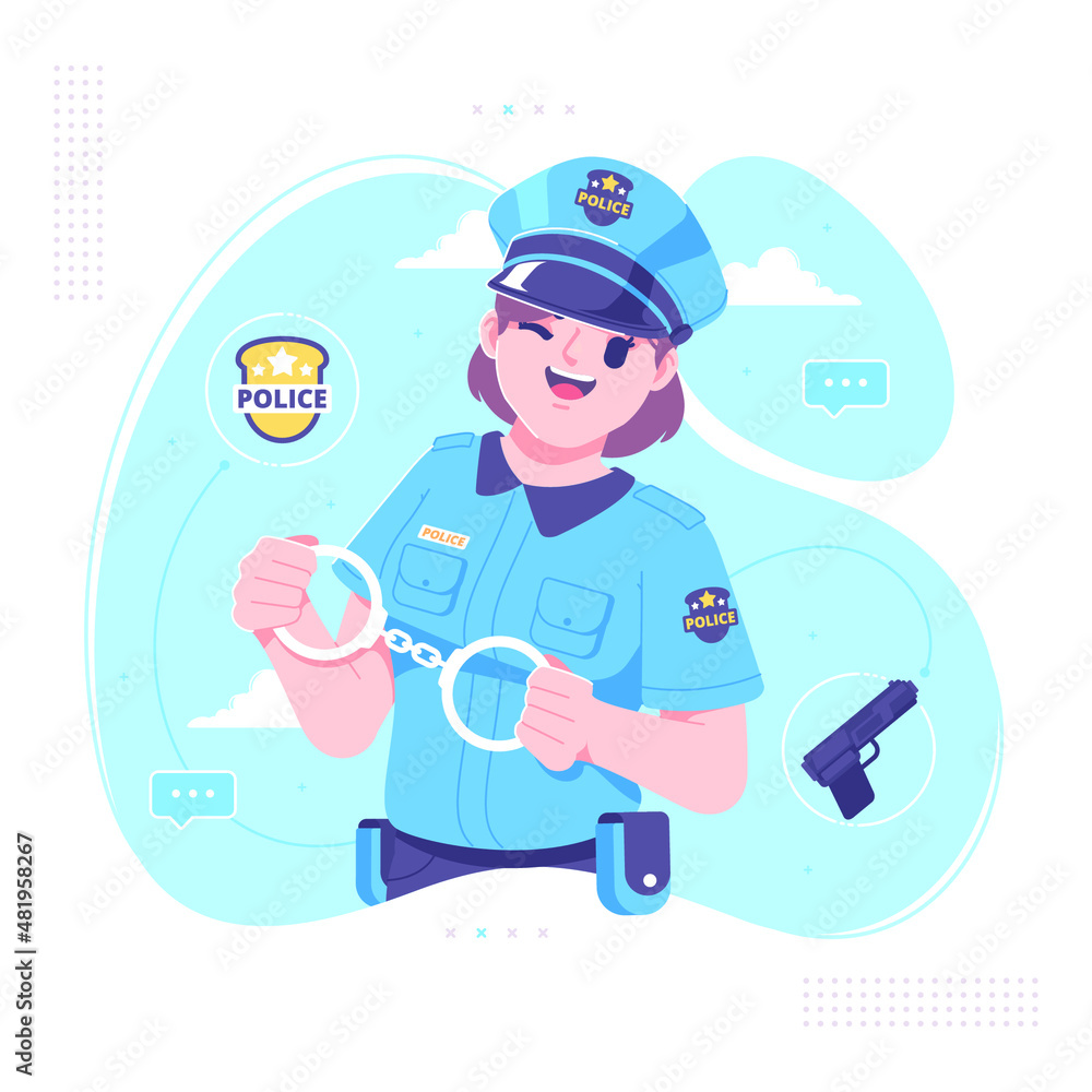 cute police girl holding handcuffs background