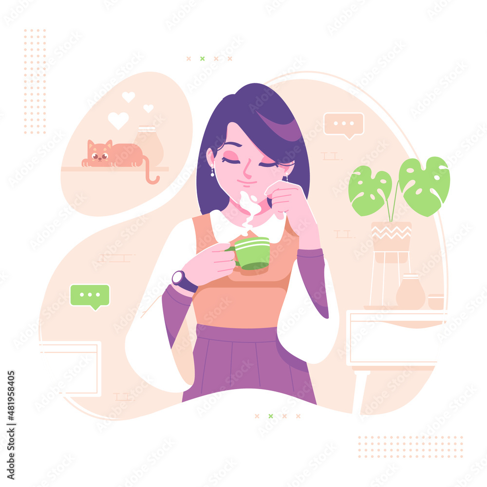 morning routine enjoy a cup of tea illustration
