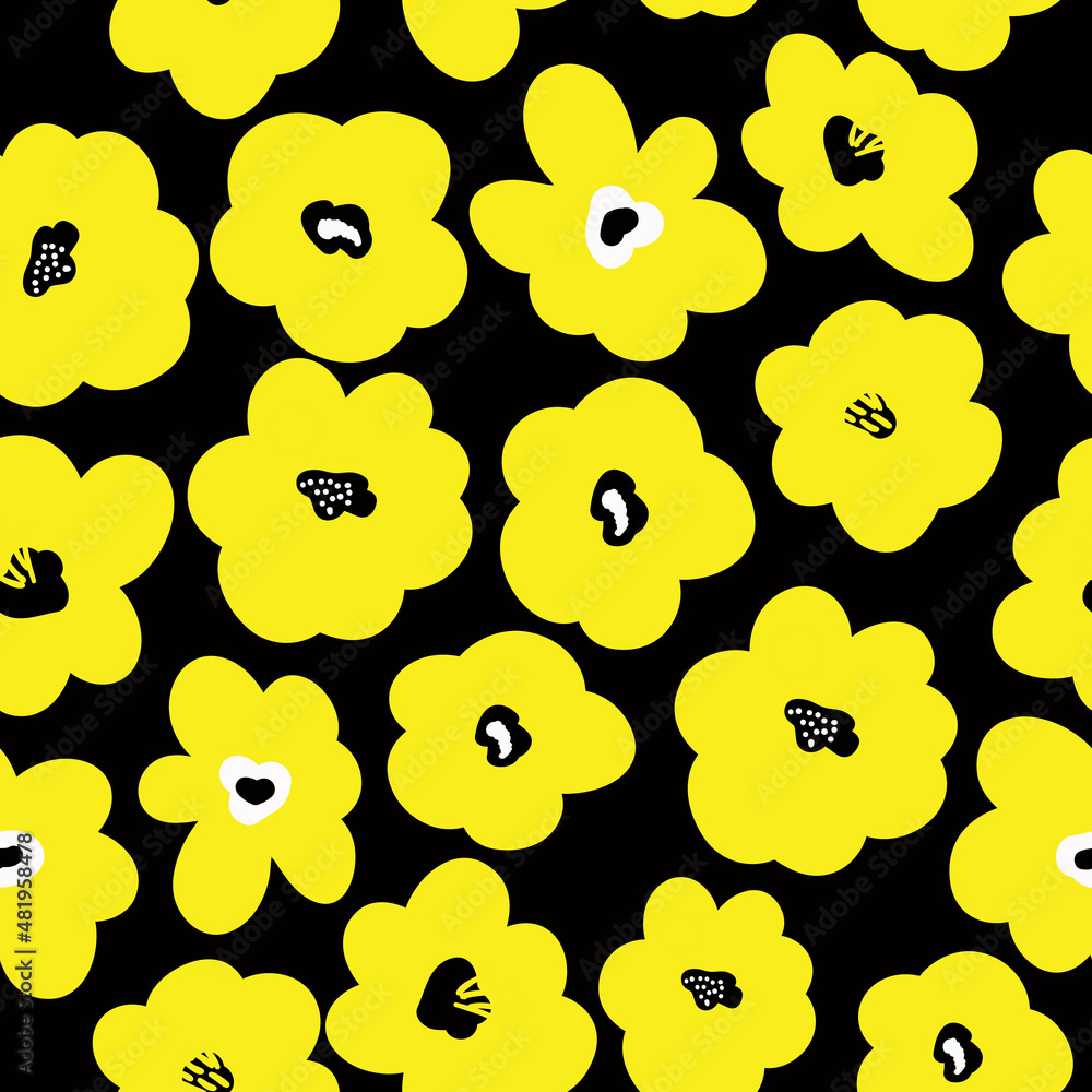 Fototapeta premium Seamless vintage pattern. Big yellow flowers . Black background. vector texture. fashionable print for textiles, wallpaper and packaging.