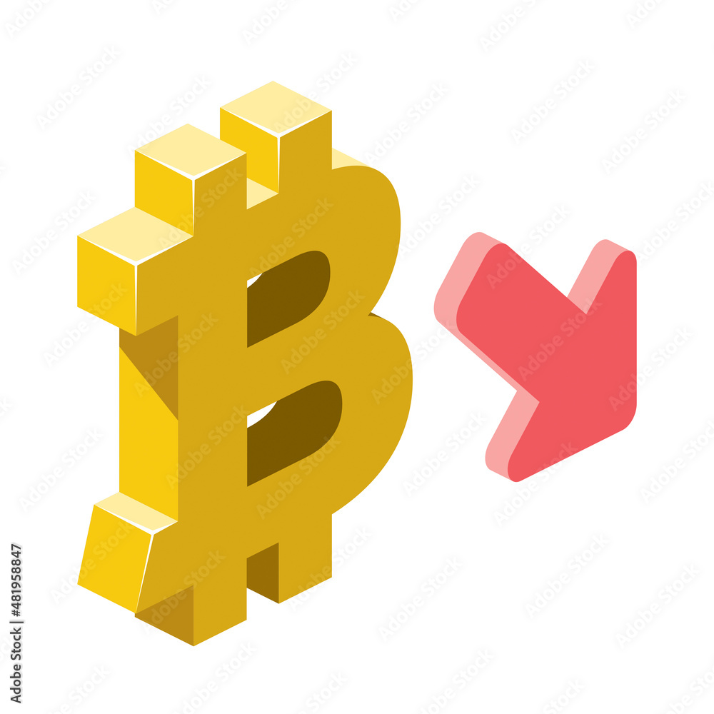 Bitcoin label arrow down. Vector 3d line isometric, color web icons, new flat style. Creative design idea for infographics. Bitcoin label arrow down. Vector 3d line isometric, color web icons, new flat style. Creative design idea for infographics.