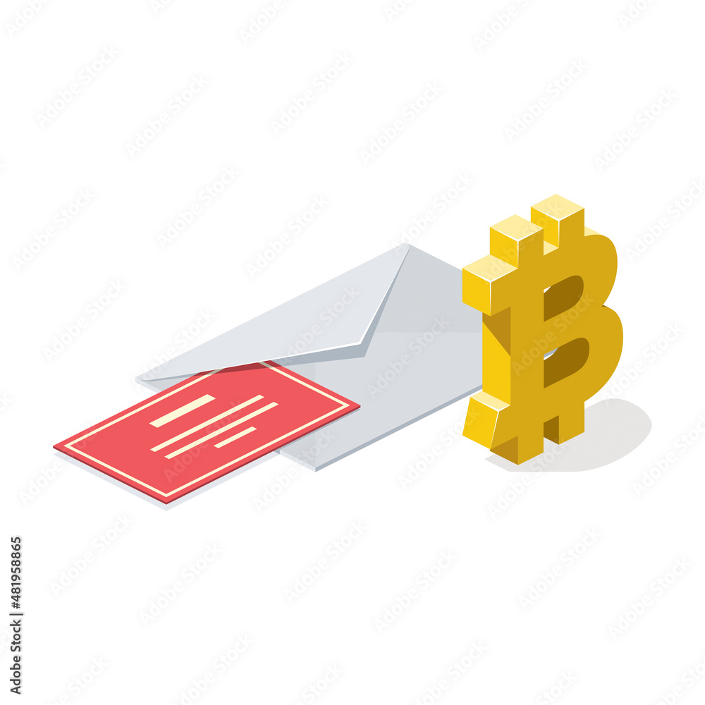 Email letter bitcoin label. Vector 3d line isometric, color web icons, new flat style. Creative design idea for infographics. Email letter bitcoin label. Vector 3d line isometric, color web icons, new flat style. Creative design idea for infographics.