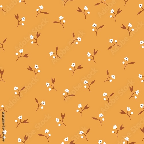 Seamless vintage pattern. White flowers on an orange background. vector texture. trendy print for textiles, wallpaper and packaging. © Алена Шенбель