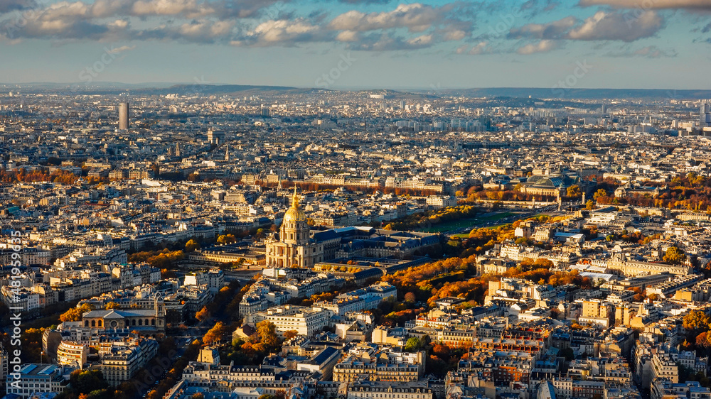Paris view from above during a spectacular autumn sunset evening from Montparnasse Tower to Tour Eiffel - amazing color skyline