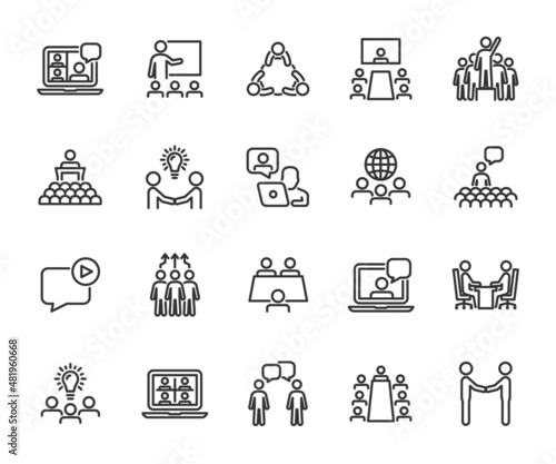 Vector set of meeting line icons. Contains icons video conference, seminar, teamwork, online meeting, webinar, leader, partnership, international meeting, conference and more. Pixel perfect.