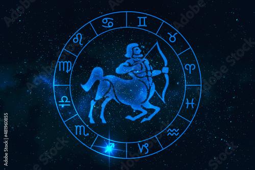 sagittarius horoscope sign in twelve zodiac with galaxy stars background