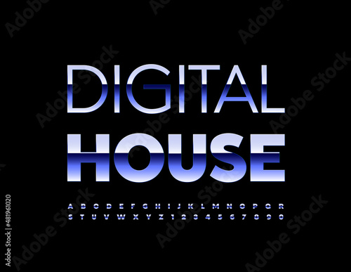 Vector futuristic concept Digital House. Shiny metallic Font. Glossy Alphabet Letters and Numbers set