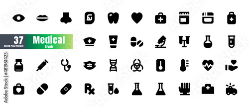 24x24 Pixel Perfect. Basic Medical Healthcare Essential Set. Solid Glyph Icons. For App, Web, Print. Round Cap and Round Corner. Ready to use and Easy to Customize.