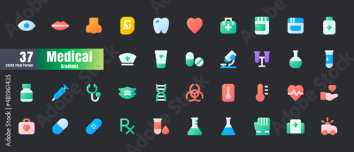 24x24 Pixel Perfect. Basic Medical Healthcare Essential Set. Flat Gradient Color Icons. For App, Web, Print. Round Cap and Round Corner. Ready to use and Easy to Customize.