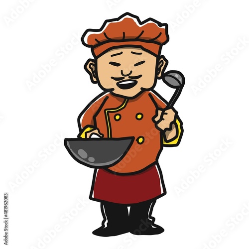 中華料理の料理人のイラスト。手には鉄鍋を持っています。
