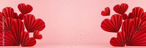 Valentines day banner - stage with red hearts of paper fans fly as flow on soft light pastel pink color  frame  copy space. Love mockup for website  advertising  design  presentation  card  poster.
