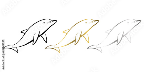 Three color black gold and silver Line art vector illustration of a dolphin