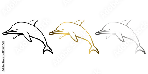 Three color black gold and silver Line art vector illustration of a dolphin